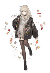 Rule 34 | 1girl, black choker, black footwear, black jacket, black thighhighs, boots, candy, choker, commentary, cookie, copyright name, drawstring, english commentary, food, full body, garter straps, girls band cry, grey eyes, grey hoodie, grin, hood, hoodie, ice cream, ice cream cone, ice cream sandwich, jacket, jewelry, kawaragi momoka, light brown hair, long hair, looking at viewer, necklace, open clothes, open jacket, open mouth, popsicle, revision, simple background, skindentation, smile, solo, standing, standing on one leg, starshadowmagician, thighhighs, white background