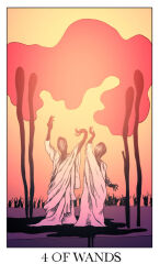 2others analogous_colors bald black_liquid border card_(medium) dripping english_text faceless full_body glowing gradient_sky hand_up hands_up horror_(theme) jessica_hayworth matches monster multiple_others orange_sky original outdoors people red_fire robe sky surreal tarot tarot_(medium) toga white_border white_robe