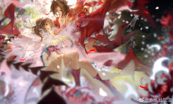 Rule 34 | 2girls, absurdres, bian (weapon), brown hair, chi lian (qin shi ming yue), chinese clothes, chinese text, closed mouth, dress, dual persona, falling petals, flower, glint, highres, jacket, medium hair, multiple girls, pai ta xing, parted lips, petals, pink footwear, pink jacket, qinshi mingyue, reaching, red dress, sash, spider lily, teeth, tiara, whip