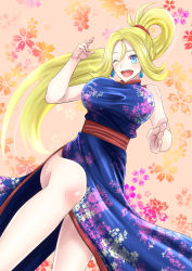 Rule 34 | 1girl, alternate breast size, alternate costume, blonde hair, china dress, chinese clothes, creatures (company), dress, earrings, floral background, game freak, hair between eyes, highres, jewelry, korrina (pokemon), leaf print, long hair, looking at viewer, nintendo, one eye closed, open mouth, pokemon, pokemon xy, ponytail, side slit, solo, takecha