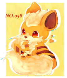 Rule 34 | :&lt;, :3, animal focus, bad id, bad pixiv id, banchiku, blonde hair, blush, border, claws, closed mouth, creatures (company), fang, fluffy, from behind, full body, game freak, gen 1 pokemon, growlithe, happy, heart, licking, light blush, nintendo, no humans, nose blush, one eye closed, outline, outside border, pokemon, pokemon (creature), red eyes, short hair, sitting, size difference, smile, tongue, tongue out, white border, white outline