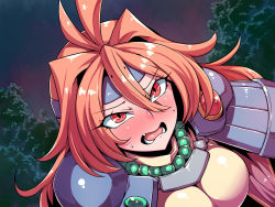 Rule 34 | 1girl, antenna hair, blush, breasts, cape, embarrassed, hair between eyes, headband, highres, jewelry, lina inverse, long hair, looking at viewer, medium breasts, necklace, night, open mouth, orange hair, outdoors, pearl necklace, red eyes, shirt, shoulder pads, sky, slayers, solo, sweat, tree, tukiwani, upper body, yellow shirt