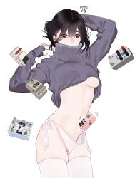 Rule 34 | 1girl, arms up, black hair, breasts, covered mouth, cowboy shot, effects pedal, grey sweater, highres, hitomi o, long sleeves, medium breasts, navel, original, panties, signature, simple background, skindentation, sleeves past wrists, solo, sweater, thighhighs, turtleneck, turtleneck sweater, underboob, underwear, white background, white panties, white thighhighs