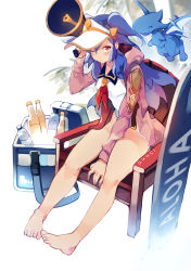 Rule 34 | 1girl, absurdres, bare legs, barefoot, blue hair, blush, breasts, dragalia lost, dragon, highres, holding, holding megaphone, ice, jacket, kani fish, long hair, long sleeves, medium breasts, megaphone, one-piece swimsuit, pink jacket, red eyes, solo, surfboard, swimsuit, white headwear, white one-piece swimsuit