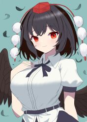 Rule 34 | 1girl, absurdres, bird wings, black wings, breasts, closed mouth, collared shirt, commentary request, grey background, hat, highres, large breasts, looking at viewer, nara (gsx250r anzio), pom pom (clothes), red eyes, red hat, shameimaru aya, shirt, short sleeves, simple background, smile, solo, tokin hat, touhou, upper body, white shirt, wings