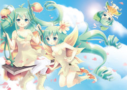 Rule 34 | 3girls, alraune (p&amp;d), aqua eyes, aqua hair, boots, cloud, dress, dryad (p&amp;d), flower, hoshino (nia hoshino), leaf, long hair, looking at viewer, mandrake (p&amp;d), monster girl, multiple girls, open mouth, outstretched arms, plant girl, puzzle &amp; dragons, smile, swing, very long hair, white dress