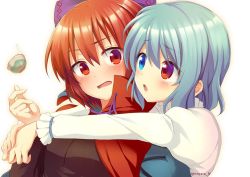 Rule 34 | 2girls, blouse, blue bow, blue eyes, blue hair, blush, bow, breasts, cape, commentary request, cup, hair bow, heterochromia, hug, long sleeves, looking at another, medium hair, multiple girls, nnyara, red eyes, red hair, sekibanki, shirt, simple background, small breasts, tatara kogasa, touhou, twitter username, upper body, white background