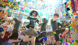 Rule 34 | 6+boys, 6+girls, absurdres, air (airzzz ), arms up, bad id, bad pixiv id, balloon, black hair, black pants, black shirt, brown skirt, collared shirt, confetti, grey hair, hands up, highres, holding, holding phone, leg up, midriff peek, multiple boys, multiple girls, open mouth, original, pants, phone, plaid, plaid skirt, pleated skirt, pointing, print shirt, shirt, shirt tucked in, short hair, skirt, smile, white shirt