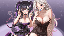 Rule 34 | 2girls, absurdres, belt collar, black collar, black dress, black footwear, black hair, blush, breasts, collar, collarbone, condom, condom wrapper, cross-laced clothes, cross-laced dress, demon tail, dress, earrings, gold necklace, gotica, grey hair, highres, holding, holding condom, jewelry, large breasts, lee rein, long hair, mole, mole on breast, mole under eye, moon momo, multicolored hair, multiple girls, necklace, panties, purple hair, sparkle, strap slip, streaked hair, tail, tongue, tongue out, underwear, v, virtual youtuber, vlyz, wing hair ornament