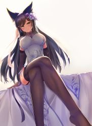 Rule 34 | 1girl, animal ears, arms at sides, atago (azur lane), azur lane, black gloves, black hair, black thighhighs, blush, breasts, china dress, chinese clothes, closed mouth, crossed legs, dress, dutch angle, elbow gloves, feet out of frame, floral print, flower, foreshortening, gloves, hair flower, hair ornament, highres, john 117, large breasts, long hair, looking at viewer, mole, mole under eye, on bed, print dress, simple background, smile, solo, straight hair, thighhighs, tsurime, very long hair, white dress, yellow background, yellow eyes