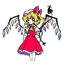 Rule 34 | 1girl, animated, animated gif, ascot, back bow, blonde hair, bow, closed mouth, cropped legs, crystal, dot nose, fds ty, feet out of frame, finger to cheek, flandre scarlet, frilled shirt collar, frilled sleeves, frills, hat, hat bow, holding, holding weapon, index finger raised, jaggy lines, laevatein (touhou), looking at viewer, looping animation, medium skirt, mob cap, multicolored wings, one side up, puffy short sleeves, puffy sleeves, red bow, red eyes, red skirt, red vest, shirt tucked in, short sleeves, simple background, skirt, skirt set, solo, standing, touhou, vest, weapon, white background, white bow, white hat, wings, yellow ascot