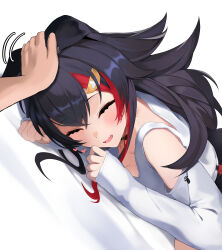 Rule 34 | 1girl, absurdres, animal ears, argule0901, black choker, black hair, choker, clothing cutout, dutch angle, ears down, fang, hair between eyes, hair ornament, headpat, highres, hololive, light blush, long hair, looking at viewer, lying, motion lines, multicolored hair, on stomach, ookami mio, ookami mio (casual), open mouth, shirt, shoulder cutout, skin fang, sleeves past wrists, smile, streaked hair, virtual youtuber, white background, white shirt, wolf ears, wolf girl, yellow eyes