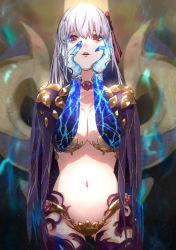 Rule 34 | 1girl, armor, bikini armor, breasts, cleavage, fate/grand order, fate (series), hair ribbon, hands on own cheeks, hands on own face, highres, kama (fate), kama (third ascension) (fate), kdm (ke dama), long hair, navel, parted lips, purple hair, red eyes, revealing clothes, ribbon, solo, teeth