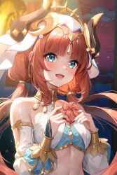 Rule 34 | 1girl, aqua eyes, bare shoulders, blue nails, blunt bangs, blurry, blurry background, blush, bow, box, bracer, chinese commentary, circlet, commentary request, crop top, detached sleeves, eyebrows hidden by hair, fake horns, floating hair, genshin impact, gift, gift box, gold trim, heart-shaped box, highres, holding, holding box, holding gift, horns, jewelry, lens flare, linea alba, liu guniang, looking at viewer, low twintails, nail polish, navel, neck ring, nilou (genshin impact), open mouth, parted bangs, red bow, red hair, sidelocks, smile, solo, teeth, twintails, upper body, upper teeth only, valentine, veil, white headwear, white sleeves