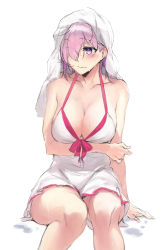 Rule 34 | 1girl, absurdres, breasts, cleavage, fate/grand order, fate (series), feet out of frame, hair over one eye, highres, knatb, large breasts, lips, looking away, mash kyrielight, mash kyrielight (swimsuit of perpetual summer), official alternate costume, pink hair, purple eyes, short hair, sitting, solo, swimsuit, towel, towel on head, white background