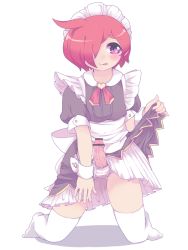 Rule 34 | 1boy, artist request, bad id, bar censor, censored, erection, hair over one eye, kneeling, maid, maid headdress, male focus, penis, red hair, simple background, solo, thighhighs, trap, white thighhighs