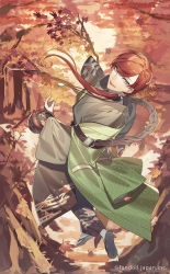 Rule 34 | 1boy, autumn, autumn leaves, branch, brown hair, company name, day, food fantasy, green eyes, highres, japanese clothes, jewelry, kimono, long hair, looking at viewer, male focus, necklace, official art, outdoors, ponytail, rezia, sandals, solo, teapot, white legwear