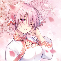 Rule 34 | 1girl, ahoge, braid, capelet, cherry blossoms, cyclamen (flower knight girl), flower knight girl, hair ribbon, kyouya (hosituki), looking at viewer, one eye closed, parted lips, petals, pink background, pink eyes, pink hair, pink theme, ribbon, short hair, smile, upper body, white capelet
