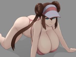 Rule 34 | 1girl, all fours, ass, breasts, brown hair, cleavage, creatures (company), double bun, game freak, green eyes, grey background, hair bun, hanging breasts, highres, huge breasts, looking at viewer, nao (ritsancrossover), nintendo, one-piece swimsuit, pink one-piece swimsuit, pokemon, pokemon bw2, rosa (pokemon), solo, swimsuit, twintails, visor cap