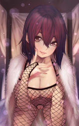 Rule 34 | 1girl, bed, blush, bodystocking, bodysuit, breasts, canopy bed, cape, collarbone, crotch cutout, fingernails, fishnet bodysuit, fishnets, fur cape, lips, long fingernails, looking at viewer, medium breasts, mole, mole under eye, naidong (artist), nipples, original, parted lips, purple hair, pussy, pussy cutout, pussy juice, short hair, smile, solo