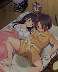 Rule 34 | 2girls, barefoot, bedwetting, black hair, blush, book, book stack, brown hair, clock, closed eyes, collarbone, embarrassed, female focus, flat chest, foot out of frame, futon, hood, hooded pajamas, long hair, lying, medium hair, midriff, multiple girls, nanakichi, navel, on back, on bed, open mouth, pajamas, pee, pee stain, peeing, peeing self, puddle, shorts, sleeping, soles, spread legs, stuffed toy, tearing up, thighs, toes, wet, wet clothes, wet shorts, wooden floor