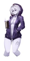 Rule 34 | 1girl, alternate costume, barbariank, blush, book, breasts, colored skin, frown, grey skin, hands in pockets, highres, hood, hoodie, jewelry, lich (monster girl encyclopedia), looking to the side, monster girl encyclopedia, naked hoodie, navel, necklace, pale skin, purple eyes, short hair, silver hair, small breasts, solo, tattoo, torn clothes, transparent background, unzipped