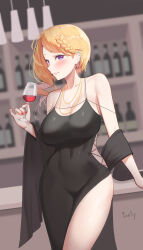 Rule 34 | 1girl, absurdres, aki rosenthal, bare shoulders, black dress, blonde hair, blush, breasts, cleavage, collarbone, commentary, covered navel, cup, dress, drinking glass, harry (dudwofla), highres, holding, holding cup, hololive, jewelry, korean commentary, large breasts, looking at viewer, necklace, purple eyes, short hair, smile, solo, thighs, virtual youtuber, wine glass