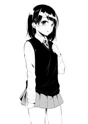 Rule 34 | 1girl, attsun (atsushi jb), blunt bangs, blush, collared shirt, cowboy shot, greyscale, hand on own chest, long sleeves, looking at viewer, monochrome, necktie, original, parted lips, pleated skirt, shirt, short hair, simple background, skirt, solo, standing, vest, white background, wing collar