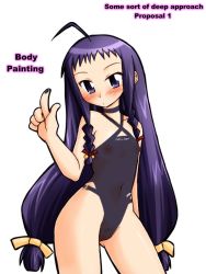 Rule 34 | 00s, ayase yue, bodypaint, breasts, cowboy shot, facing viewer, flat chest, long hair, looking at viewer, mahou sensei negima!, naked paint, nude, one-piece swimsuit, painted clothes, purple eyes, purple hair, see-through, swimsuit, twintails, very long hair