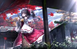 Rule 34 | 1girl, architecture, ascot, autumn leaves, bamboo broom, black hair, blurry, bow, broom, cloud, cloudy sky, day, depth of field, detached sleeves, dress, east asian architecture, falling leaves, from side, grass, hair bow, hair tubes, hakurei reimu, hakurei shrine, holding broom, japanese clothes, leaf, long hair, looking at viewer, looking to the side, maple leaf, miko, outdoors, parted lips, ponytail, red bow, red dress, red eyes, revision, ribbon-trimmed sleeves, ribbon trim, ryosios, shrine, sky, smile, solo, sunlight, touhou, wide sleeves