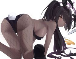 Rule 34 | 1girl, absurdres, all fours, animal ears, ass, backless leotard, black footwear, black hair, black leotard, blue archive, blush, breasts, closed mouth, commentary request, cup, dark-skinned female, dark skin, drinking glass, fake animal ears, fake tail, fishnet pantyhose, fishnets, gradient hair, gui (user nfwe5442), halo, highres, karin (blue archive), karin (bunny) (blue archive), leotard, long hair, looking at viewer, looking back, medium breasts, multicolored hair, official alternate costume, orange eyes, pantyhose, playboy bunny, ponytail, purple hair, purple halo, rabbit ears, rabbit tail, sideboob, simple background, solo, spill, strapless, strapless leotard, tail, white background, wine glass