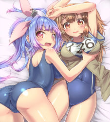 Rule 34 | 10s, 2girls, all fours, armpit peek, ass, blue hair, breasts, brown eyes, brown hair, covered navel, fang, groping, hair ribbon, hairband, i-19 (kancolle), i-26 (kancolle), kantai collection, large breasts, light brown hair, long hair, lying, multiple girls, name tag, new school swimsuit, old school swimsuit, one-piece swimsuit, red eyes, ribbon, ruku rx, sailor collar, school swimsuit, shiny skin, short sleeves, star-shaped pupils, star (symbol), swimsuit, swimsuit under clothes, symbol-shaped pupils, tri tails, twintails, two-tone hairband, two side up, yuri