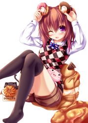 Rule 34 | 1girl, ;d, argyle, argyle clothes, argyle sweater vest, black thighhighs, blush, cassini m bisuko, cat, doughnut, food, holding, long hair, looking at viewer, one eye closed, open mouth, original, purple eyes, revision, sitting, smile, solo, sweater vest, syroh, thighhighs, wink