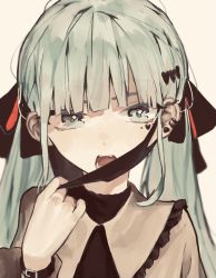 Rule 34 | 1girl, aqua eyes, aqua hair, beige background, black ribbon, blunt bangs, commentary request, ear piercing, earrings, frilled shirt, frills, hair ornament, hair ribbon, hatsune miku, heart, jewelry, looking at viewer, mask, mo011010, open mouth, piercing, portrait, removing mask, ribbon, shirt, simple background, solo, tattoo, teeth, vampire (vocaloid), vocaloid, watch