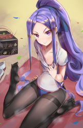 Rule 34 | 1girl, alternate costume, areola slip, bento, black pantyhose, blouse, clothes pull, day, fate/grand order, fate (series), kakumayu, long hair, looking at viewer, mat, md5 mismatch, outdoors, panties, panties under pantyhose, pantyhose, purple eyes, purple hair, resolution mismatch, shirt, shirt tug, smile, solo, source smaller, thighs, underwear, v-shaped eyebrows, very long hair, wavy hair, white shirt, wu zetian (fate)