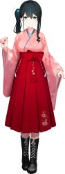 Rule 34 | 1girl, black footwear, black hair, blue eyes, boots, breasts, floral print, full body, hair between eyes, hair ornament, hakama, hayabusa (vert 320), highres, japanese clothes, kimono, large breasts, long hair, long sleeves, looking at viewer, nail polish, nijisanji, obi, official art, onomachi haruka, onomachi haruka (3rd costume), pink kimono, pleated skirt, red hakama, red sash, red skirt, sash, side ponytail, skirt, solo, tachi-e, transparent background, virtual youtuber, wide sleeves