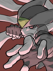 Rule 34 | 1boy, absurdres, android, clenched teeth, forehead jewel, gloves, greyscale with colored background, helmet, highres, long hair, looking at viewer, male focus, mega man (series), mega man zero (series), outstretched hand, punching, red background, simple background, solo, spot color, teeth, ten (ten rockman), zero(z) (mega man), zero (mega man)