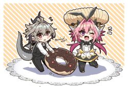 Rule 34 | 2boys, :t, animal ears, antenna hair, astolfo (fate), astolfo (saber) (fate), astolfo (saber) (third ascension) (fate), black bow, black bowtie, black gloves, black pants, black thighhighs, black vest, blush, bow, bowtie, carrying overhead, chibi, chocolate doughnut, closed mouth, crossed bangs, crumbs, doughnut, dragon tail, dragon wings, dress, dress shirt, fake animal ears, fang, fate/apocrypha, fate/grand order, fate (series), flying sweatdrops, food, food on face, gloves, gold trim, grey hair, hair between eyes, hair bow, hair intakes, haoro, holding, holding food, leg up, long hair, male focus, multicolored hair, multiple boys, notice lines, one eye closed, open mouth, pants, pink hair, purple eyes, rabbit ears, red eyes, shadow, shirt, short hair, sieg (fate), sign, skin fang, smile, sprinkles, streaked hair, striped background, tail, thighhighs, trap, twintails, two-tone hair, vest, white hair, white shirt, wide sleeves, wings