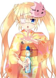 Rule 34 | 1girl, :o, blonde hair, blue eyes, bottle, character mask, eyepatch, hair between eyes, highres, holding, holding bottle, japanese clothes, kimono, long hair, long sleeves, looking at viewer, mask, mask on head, nakatsu shizuru, print kimono, ramune, rewrite, simple background, solo, standing, tagame (tagamecat), twintails, very long hair, white background, wide sleeves, yellow kimono, yukata