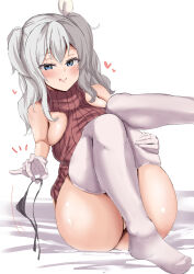 Rule 34 | 1girl, :q, absurdres, ass, black panties, blue eyes, breasts, commentary request, convenient leg, emphasis lines, gloves, grey hair, hair ribbon, hand on own leg, heart, highres, holding, holding clothes, holding panties, holding underwear, kantai collection, kashima (kancolle), knees up, large breasts, leg up, long hair, looking at viewer, panties, red sweater, ribbon, sakura ab, sitting, sleeveless, sleeveless turtleneck, smile, solo, string panties, sweater, thighhighs, thighs, tongue, tongue out, turtleneck, turtleneck sweater, twintails, underwear, wavy hair, white background, white gloves, white ribbon, white thighhighs