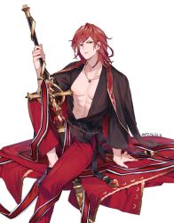 Rule 34 | 10s, 1boy, 2017, abs, arm support, bad id, bad twitter id, casual, dated, granblue fantasy, hair down, invisible chair, jewelry, male focus, necklace, percival (granblue fantasy), red hair, short hair, simple background, sitting, solo, sword, weapon, white background, yuuhi homare