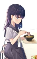 Rule 34 | 1girl, :o, black dress, bowl, chopsticks, cowboy shot, dress, food, from side, grey eyes, hand on table, hand up, highres, holding, holding chopsticks, long hair, looking at viewer, na-ga, noodles, open mouth, original, plate, pleated dress, purple hair, ramen, school uniform, serafuku, shirt, short sleeves, simple background, sitting, solo, stool, table, tray, white background, white shirt