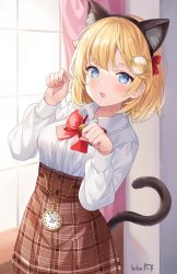 Rule 34 | 1girl, :d, animal ear fluff, animal ears, artist name, black hairband, blonde hair, blue eyes, blush, bow, breasts, brown skirt, cat ears, cat tail, collared shirt, commentary, curtains, day, dress shirt, fake animal ears, hair ornament, hairband, hands up, high-waist skirt, highres, hitsukuya, hololive, hololive english, indoors, looking at viewer, medium breasts, open mouth, paw pose, plaid, plaid skirt, pocket watch, red bow, roman numeral, shirt, signature, skirt, smile, solo, sunlight, tail, virtual youtuber, watch, watson amelia, watson amelia (1st costume), white shirt, window