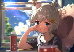 Rule 34 | animal ears, black shirt, blue eyes, blue sky, commentary request, day, ear covers, flower, hair flower, hair ornament, hairclip, hat, head rest, horse ears, horse girl, light green hair, looking at viewer, overalls, panda inu, seiun sky (umamusume), shirt, short sleeves, single ear cover, sky, smile, straw hat, sweat, t-shirt, thermos, train interior, umamusume, upper body, window, yellow flower