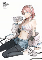 Rule 34 | 1girl, arknights, arm support, arm tattoo, bare shoulders, black pants, blue eyes, blue poison (arknights), blue poison (shoal beat) (arknights), blue shorts, bottle, braid, breasts, choker, cleavage, closed mouth, commentary, copyright name, crop top, hair ribbon, highres, holding, jacket, leggings, lococo:p, long hair, looking at viewer, medium breasts, midriff, navel, off shoulder, official alternate costume, open clothes, open jacket, pants, pink hair, revision, ribbon, scales, shirt, shoes, short shorts, shorts, sitting, sleeveless, sleeveless shirt, sneakers, solo, stomach, tattoo, twin braids, wariza, wet, white choker, white footwear, white jacket, white shirt