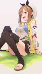Rule 34 | 1girl, :d, arm support, ass, atelier (series), atelier ryza, atelier ryza 1, belt, beret, boots, breasts, bridal legwear, brown eyes, brown footwear, brown hair, convenient leg, flask, grass, hair ornament, hairclip, hat, highres, hyuuga azuri, jewelry, looking at viewer, medium breasts, midriff, necklace, open mouth, pouch, reisalin stout, shirt, short hair, sidelocks, sitting, smile, solo, star (symbol), thigh boots, thighhighs, thighs, toeless footwear, toes, white hat, white shirt