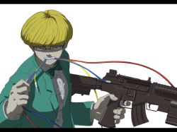 Rule 34 | 1boy, biting, blonde hair, blue eyes, bow, bowtie, cable, child, glasses, gun, jeff andonuts, letterboxed, machine gun, male focus, mother (game), mother 2, nintendo, shaded face, shirt, simple background, solo, sumishiba (pixiv), tuxedo, weapon
