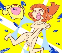 Rule 34 | 1girl, arle nadja, barefoot, blush, breasts, brown hair, carbuncle (puyopuyo), covered clitoris, covering privates, covering breasts, covering nipples, dangerking11, closed eyes, full body, hand bra, nude, open mouth, ponytail, pussy, puyopuyo, yellow background
