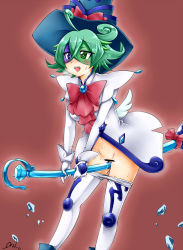 Rule 34 | 1girl, blue hat, blush, broom, censored, clothes pull, duel monster, female masturbation, gloves, green eyes, green hair, hat, heart, heart-shaped pupils, heavy breathing, highres, holding, holding broom, masturbation, matching hair/eyes, motion lines, navel, omega na hito, pants, pants pull, pussy, pussy juice, red background, red ribbon, ribbon, smile, solo, symbol-shaped pupils, white gloves, windwitch glass bell, wings, witch, witch hat, yu-gi-oh!, yu-gi-oh! duel monsters