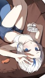 Rule 34 | 1girl, blue eyes, blue hair, blue shorts, blush, collarbone, couch, electric fan, fins, fish tail, flat chest, gawr gura, grey hair, hand fan, handheld electric fan, highres, holding, holding fan, hololive, hololive english, looking at viewer, lying, multicolored hair, navel, on back, open fly, orobou, shark girl, shark tail, short shorts, shorts, solo, sports bra, streaked hair, sweat, tail, virtual youtuber, white sports bra